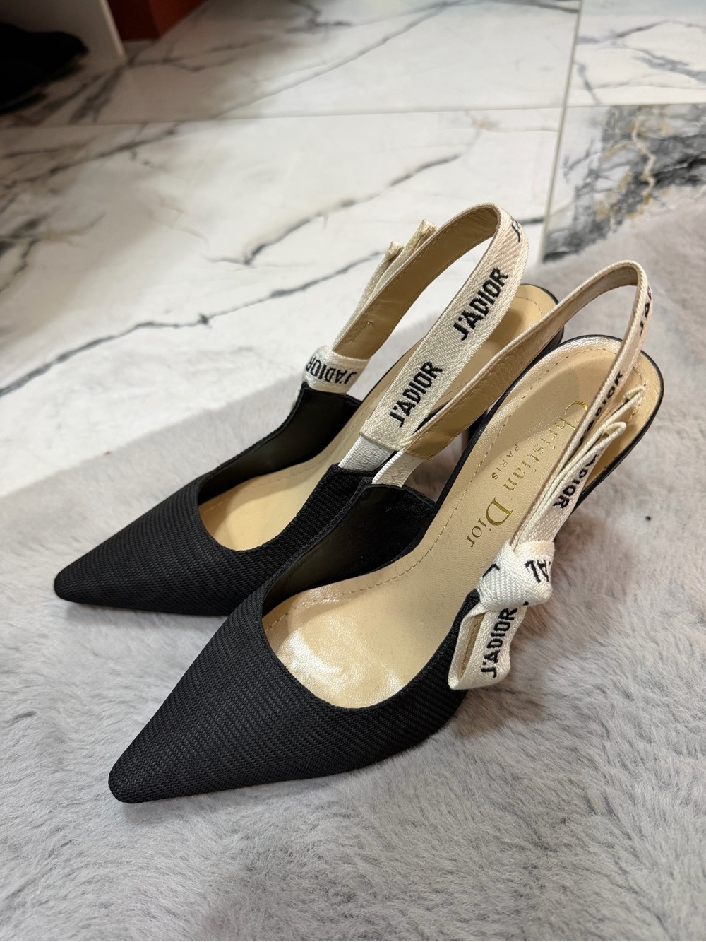 Dior Black Pointed Slingback Pumps with J'Adior Canvas Straps